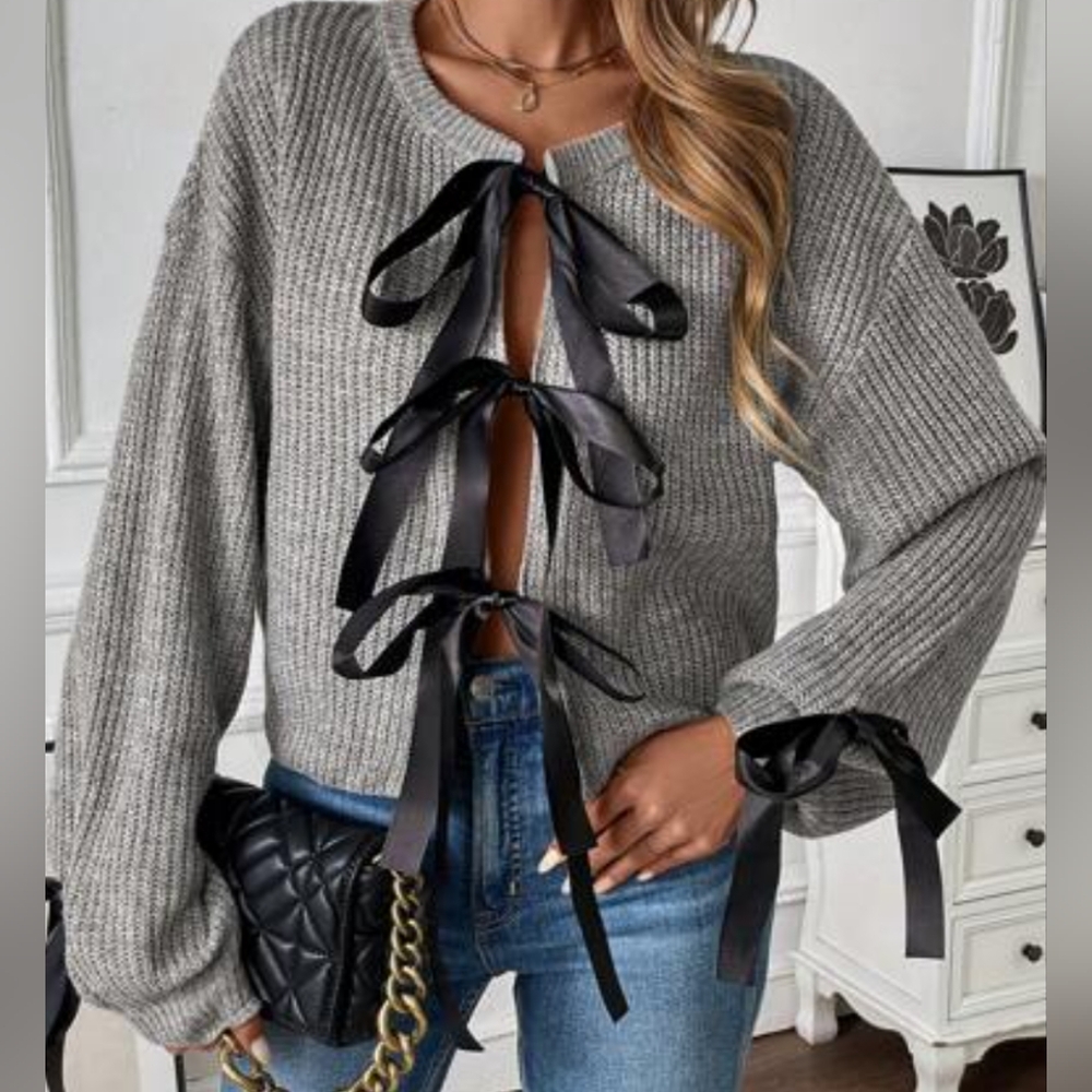 Gray Sweater with Black Ribbon Accents